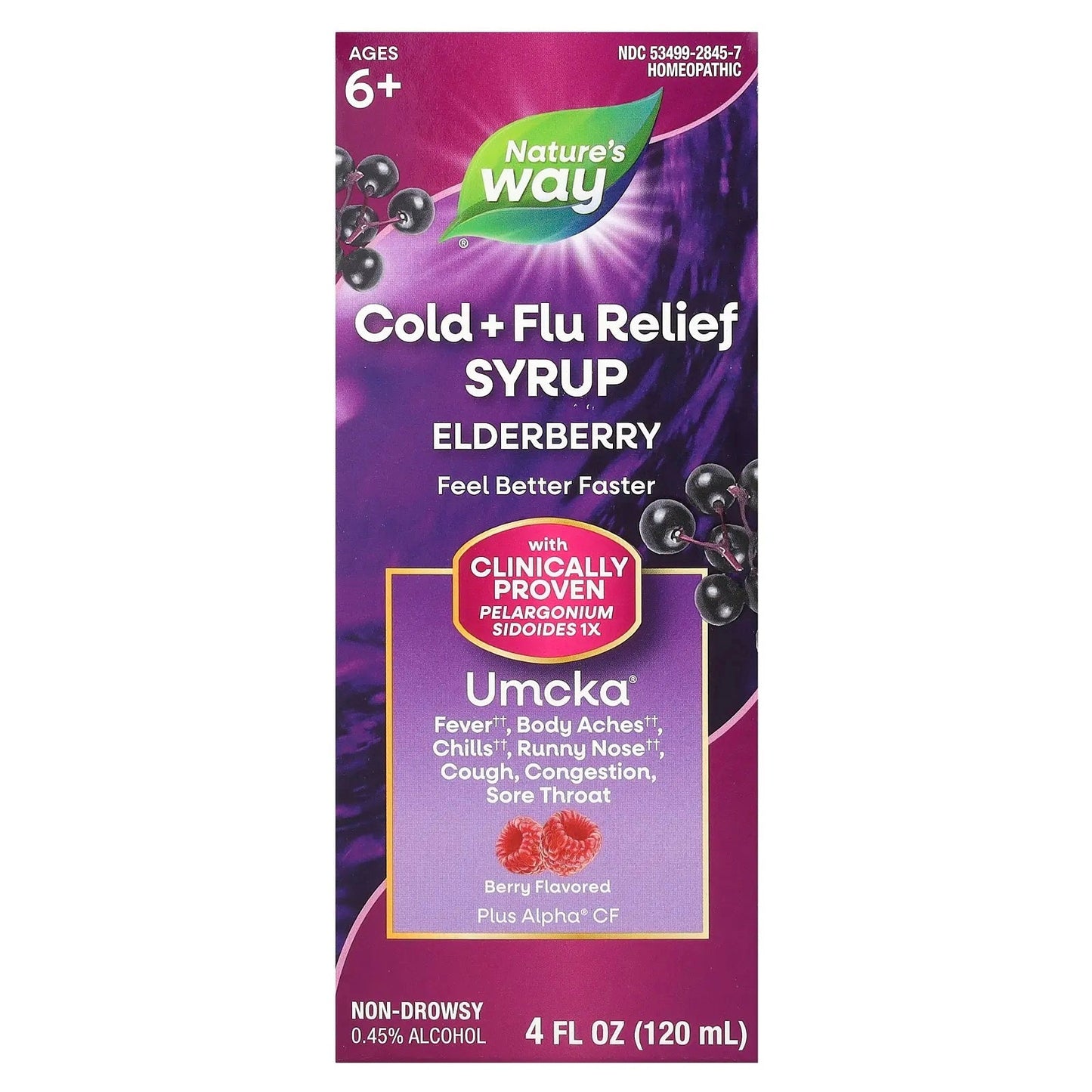 Pre-Order | Arrives in 5–10 Days – Nature's Way
Cold + Flu Relief Syrup, Elderberry, Umcka®, Ages 6+, Berry, 4 fl oz (120 ml)