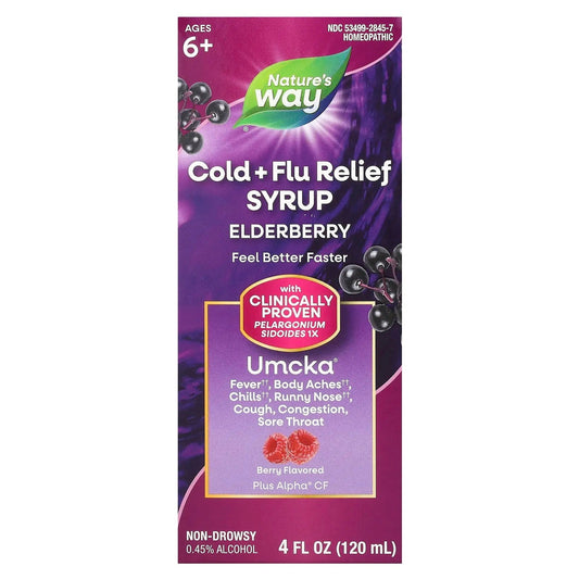 Pre-Order | Arrives in 5–10 Days – Nature's Way
Cold + Flu Relief Syrup, Elderberry, Umcka®, Ages 6+, Berry, 4 fl oz (120 ml)