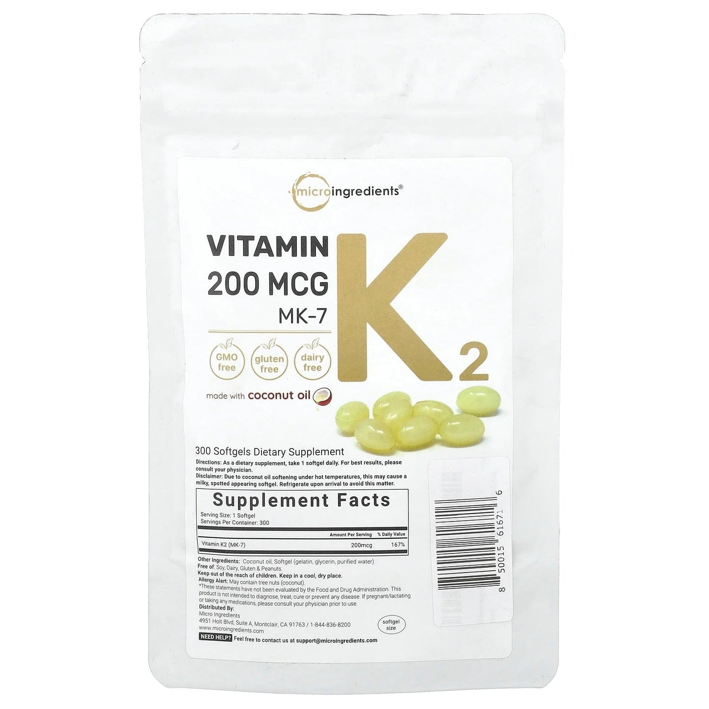 Pre-Order | Arrives in 5–10 Days – Micro Ingredients
Vitamin K2, MK-7, 200 mcg, 300 Softgels