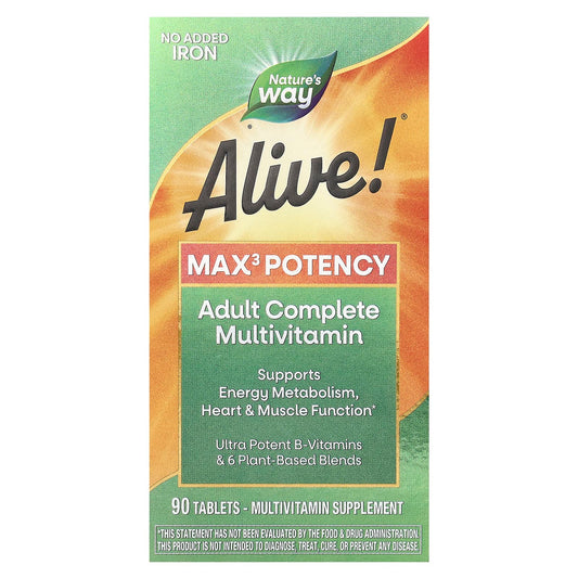 Pre-Order | Arrives in 5–10 Days – Nature's Way
Alive!® Max3 Potency, Adult Complete Multivitamin, No Added Iron, 90 Tablets