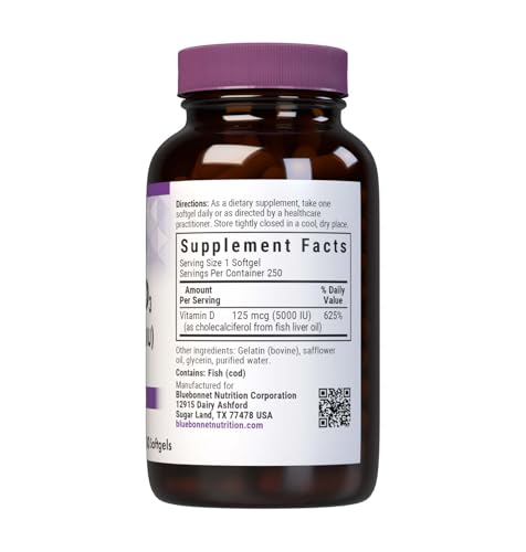 Pre-Order | Arrives in 5–10 Days – Bluebonnet Nutrition Vitamin D3 5000 IU Softgels, Aids in Muscle and Skeletal Growth, Cholecalciferol from Fish Oil, Non GMO, Gluten Free, Soy Free, Dairy Free, Yellow, 250 Softgels