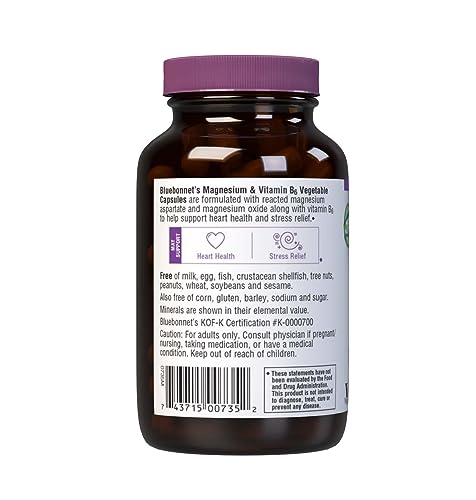 Pre-Order | Arrives in 5–10 Days – Bluebonnet Nutrition Magnesium & B6 – 400 mg Magnesium Oxide & Aspartate with Vitamin B6 25 mg – Heart & Brain Magnesium Complex for Women & Men* - Non-GMO, Vegan, Gluten-Free - 90 Vegetable Capsules