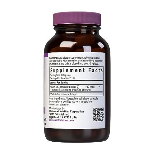 Pre-Order | Arrives in 5–10 Days – Bluebonnet Nutrition Vitamin K2 Supplement 100 mcg Daily Vit K2 MK7 Heart Health & Bone Vitamins for Women & Men* - Vegan, non-GMO, Dairy-Free, Gluten-Free Vit K - 100 Vegetable Capsules