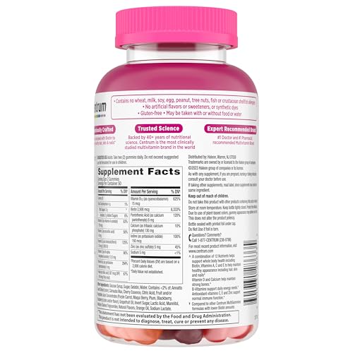 Pre-Order | Arrives in 5–10 Days – Centrum MultiGummies Multi+ Beauty Dual Action Multivitamin, Specially Designed with Biotin for Healthy Hair, Skin and Nails, Cherry/Berry/Orange Flavors - 100 Count