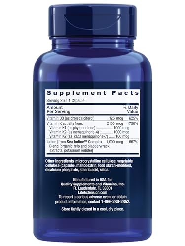 Pre-Order | Arrives in 5–10 Days – Life Extension Vitamins D and K with Sea-Iodine, vitamin D3, vitamin K1 and K2, iodine, supports immune, bone, arterial and thyroid health, non-GMO, gluten-free, 60 capsules