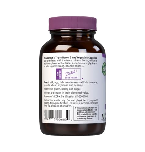 Pre-Order | Arrives in 5–10 Days – Bluebonnet Triple Boron 3 mg Trace Mineral Bone Support - Boron Supplement for Men & Women with Citrate Aspartate & Glycinate - Vegan, Non-GMO - 90 Vegetarian Capsules, 90 Day Supply