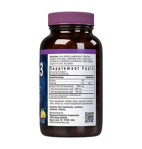 Pre-Order | Arrives in 5–10 Days –
BlueBonnet Nutrition Omega-3 Brain Formula Natural Wild Caught Triglyceride Form DHA 1000 mg EPA 210 mg, Gluten-Free Softgel, Yellow/Clear, Lemon, 120 Count