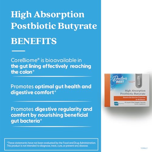 Pre-Order | Arrives in 5–10 Days – Doctor's BEST High Absorption Postbiotic Butyrate Featuring Corebiome, Gut & Immune Health, Non-GMO, Gluten Free, Soy Free, Vegan, 30 Liquid Veggie Caps