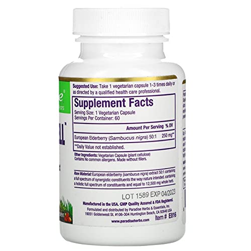 Pre-Order | Arrives in 5–10 Days – Paradise Herbs Sambuca-Well, Sambucas Nigra, European Elderberry 50:1 Extract, Super Potent, Ultra Pure, Vegan, Non GMO, Gluten Free, 60 Vegetarian Capsules