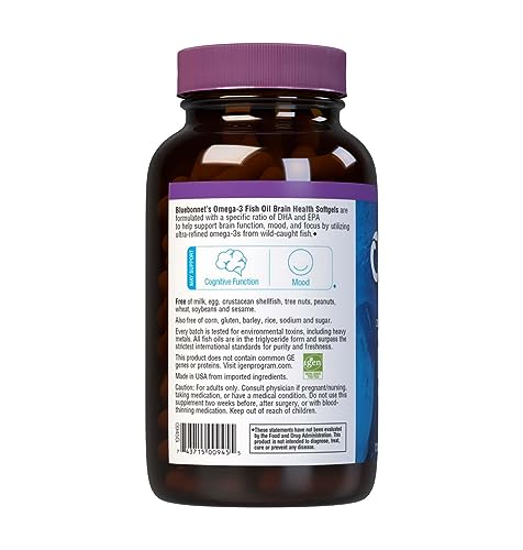 Pre-Order | Arrives in 5–10 Days –
BlueBonnet Nutrition Omega-3 Brain Formula Natural Wild Caught Triglyceride Form DHA 1000 mg EPA 210 mg, Gluten-Free Softgel, Yellow/Clear, Lemon, 120 Count