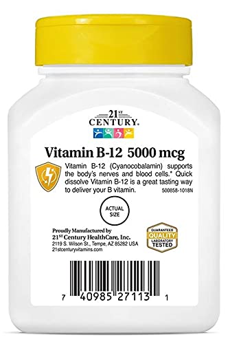 Pre-Order | Arrives in 5–10 Days – 21st Century B 12 5000 Mcg Sublingual Tablets, 2 Count
