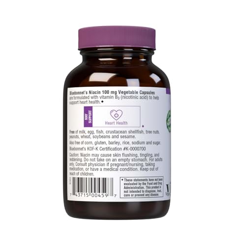 Pre-Order | Arrives in 5–10 Days – Bluebonnet Niacin 100mg Vitamin B3 Nicotinic Acid - Heart Health Support for Women & Men* - Non-GMO, Vegan, Kosher, Gluten-Free, Soy-Free, Dairy-Free Flush Niacin Supplement - 90 Vegetable Capsules
