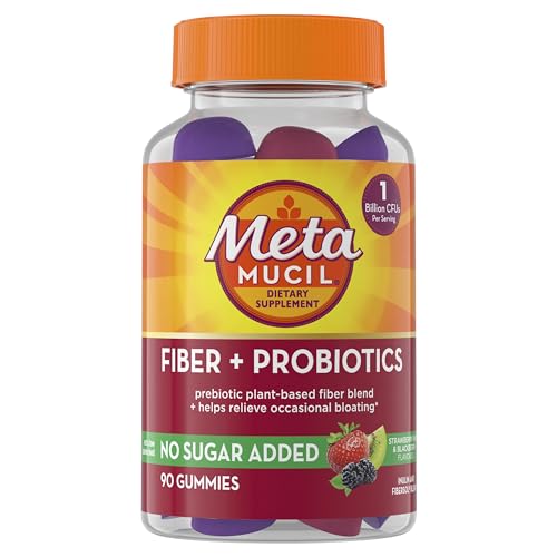 Pre-Order | Arrives in 5–10 Days – Metamucil Fiber Supplement Gummies with Probiotics for Bloating Relief, No Sugar Added Strawberry Kiwi BlackBerry Flavors, 5g Prebiotic Plant Based Fiber Blend, 90 Count