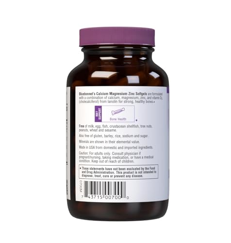 Pre-Order | Arrives in 5–10 Days – Bluebonnet Nutrition Calcium Magnesium Zinc Plus Vitamin D3, 1000 mg of Calcium, 500 mg of Magnesium and 15 mg of Zinc, 400 IU Vitamin D3, For Strong Healthy Bones*, Gluten-Free, Dairy-Fee, 60 softgel