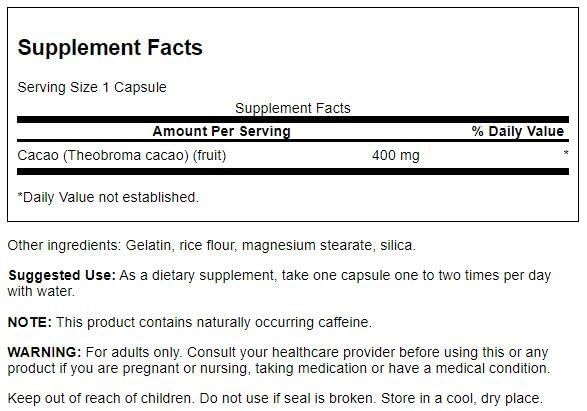 Pre-Order | Arrives in 5–10 Days – Swanson Full Spectrum Cacao (Raw Cocoa) - Herbal Supplement Promoting Mild Energy Support - Traditional Whole Fruit Formula - (60 Capsules, 400mg Each)