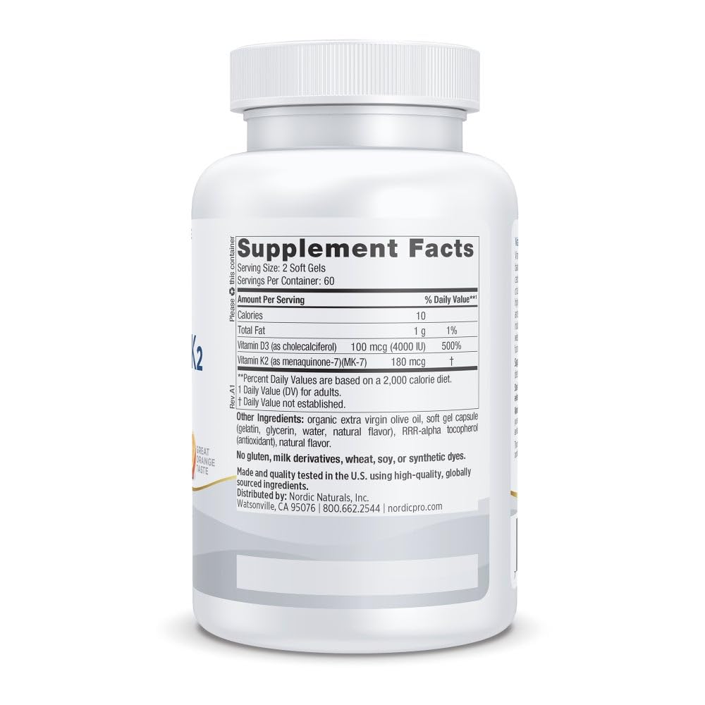 Pre-Order | Arrives in 5–10 Days – Nordic Naturals Professional Grade Vitamin D3+K2 Supplement, Orange Flavor - 60 Soft Gels - 4000 IU Vitamin D3 & 180 mcg K2- Promotes Calcium Balance & Immune Function - Non-GMO - 30 Servings