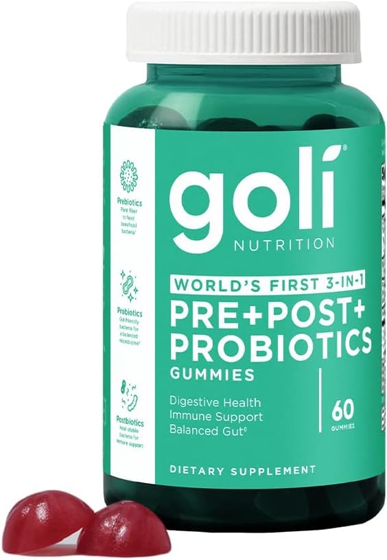 Pre-Order | Arrives in 5–10 Days – Goli Nutritional Supplement, Pre+Post+Probiotics Gummy - 60 Count - World's First 3-in-1 Gluten-Free, Vegan, Non-GMO, and Gelatin-Free.