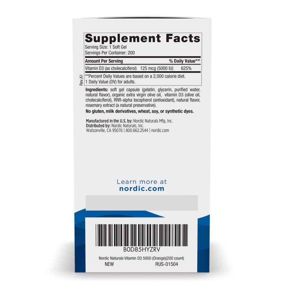 Pre-Order | Arrives in 5–10 Days – Nordic Naturals Vitamin D3 5000, Orange - 200 Mini Soft Gels - Support for Healthy Bones, Mood, & Immune System - Vegetarian - Non-GMO - 200 Servings