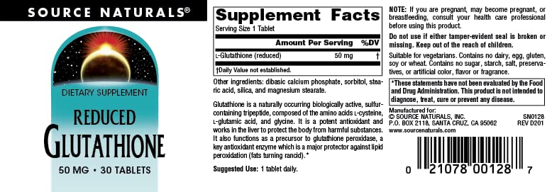 Pre-Order | Arrives in 5–10 Days – Source Naturals Glutathione, Supplement for Liver Support, 50mg - 30 Tablets