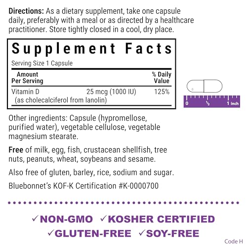Pre-Order | Arrives in 5–10 Days – BlueBonnet Nutrition Vitamin D3 1000 IU, Aid in Muscle and Skeletal Growth, Cholecalciferol from Lanolin, Non GMO, Gluten Free, Soy Free, Milk Free, Kosher, 90 Vegetable Capsule, White