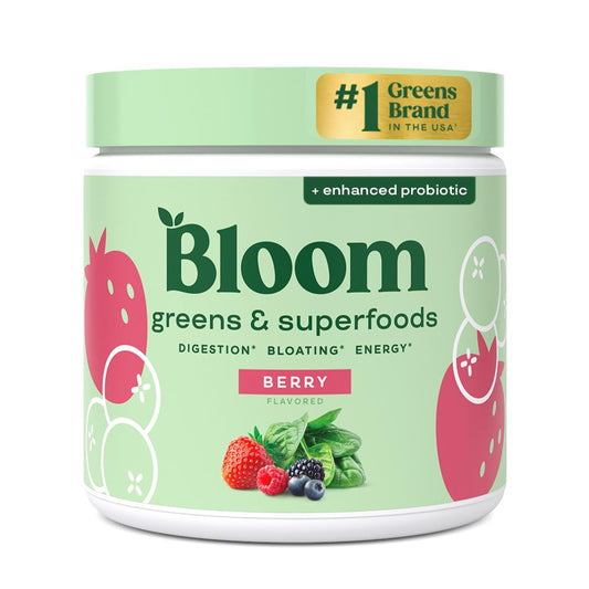 Pre-Order | Arrives in 5–10 Days – 
Bloom Nutrition Superfood Greens Powder, Digestive Enzymes with Probiotics and Prebiotics, Gut Health, Bloating Relief for Women, Chlorella, Green Juice Mix with Beet Root Powder, 30 SVG, Berry