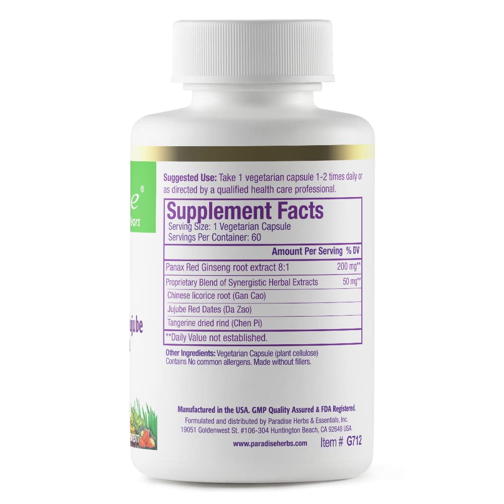 Pre-Order | Arrives in 5–10 Days – Paradise Herbs Ginseng Root Extract for Energy & Well-Being, Vegan, Non GMO, Gluten Free, Vitamin B1, B2 & B12, 60 Capsules