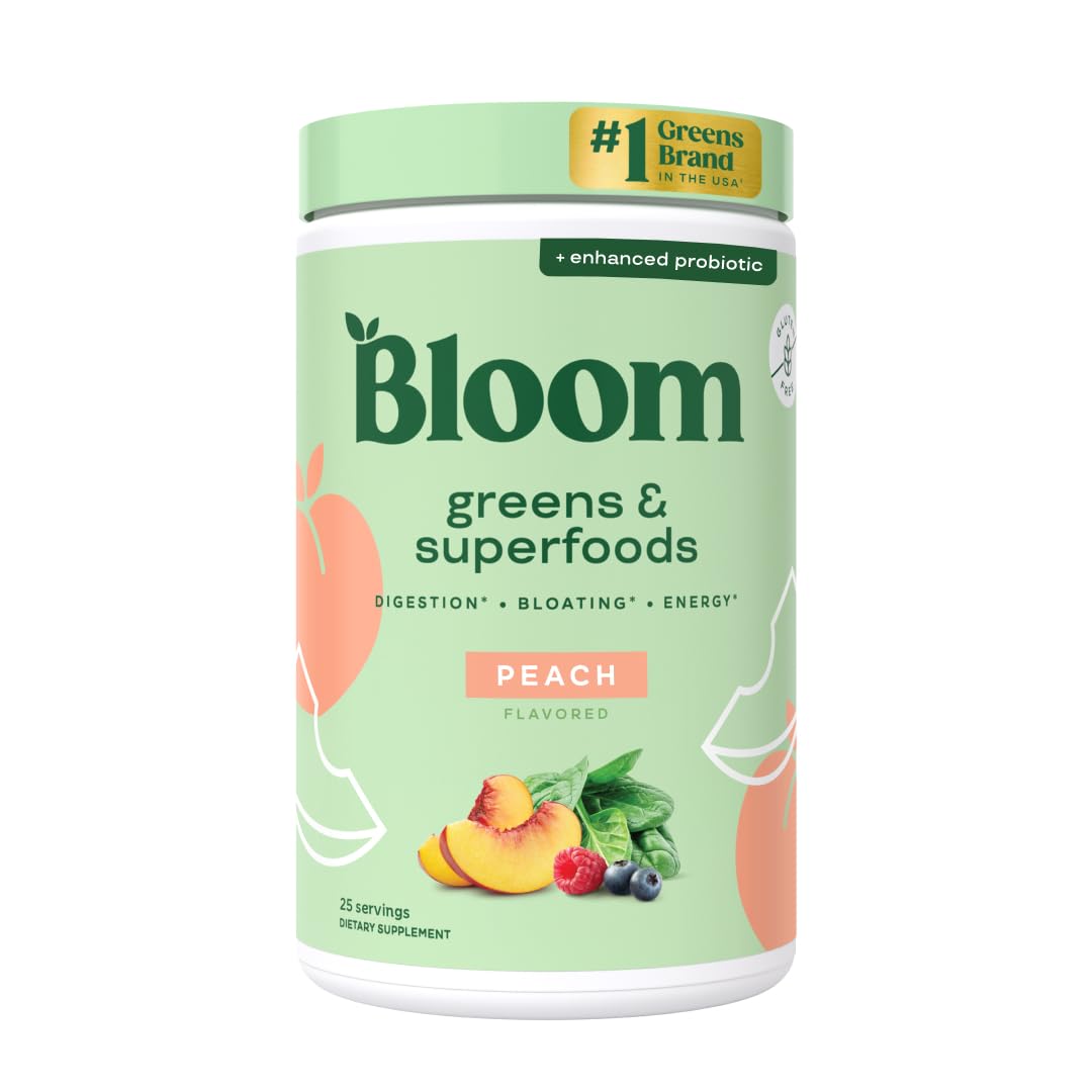 Pre-Order | Arrives in 5–10 Days –
Bloom Nutrition Superfood Greens Powder, Digestive Enzymes with Probiotics and Prebiotics, Gut Health, Bloating Relief for Women, Chlorella, Green Juice Mix with Beet Root Powder, 25 SVG, Peach