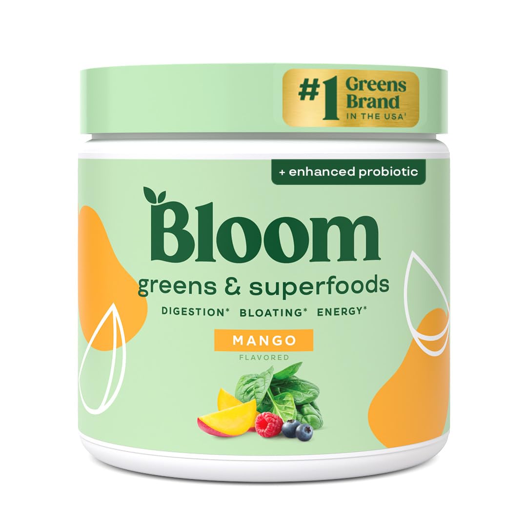 Pre-Order | Arrives in 5–10 Days – Bloom Nutrition Superfood Greens Powder, Digestive Enzymes with Probiotics and Prebiotics, Gut Health, Bloating Relief for Women, Chlorella, Green Juice Mix with Beet Root Powder, 30 SVG, Mango