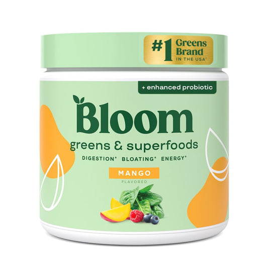 Pre-Order | Arrives in 5–10 Days – Bloom Nutrition Superfood Greens Powder, Digestive Enzymes with Probiotics and Prebiotics, Gut Health, Bloating Relief for Women, Chlorella, Green Juice Mix with Beet Root Powder, 30 SVG, Mango