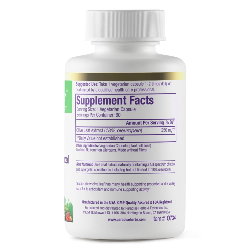 Pre-Order | Arrives in 5–10 Days – Paradise Herbs Olive Leaf Extract from Spanish Andalusian Olive Trees, Super Potent, Ultra Pure, Non-GMO, Vegan, Gluten Free, 60 Vegetarian Capsules