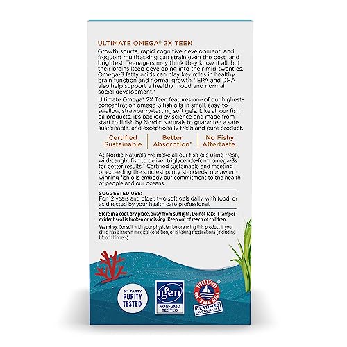 Pre-Order | Arrives in 5–10 Days – Nordic Naturals Ultimate Omega 2X Teen, Strawberry - 60 Mini Soft Gels - 1120 mg Total Omega-3s with EPA & DHA - Brain Health, Positive Mood, Social Development, Learning - Non-GMO - 30 Servings