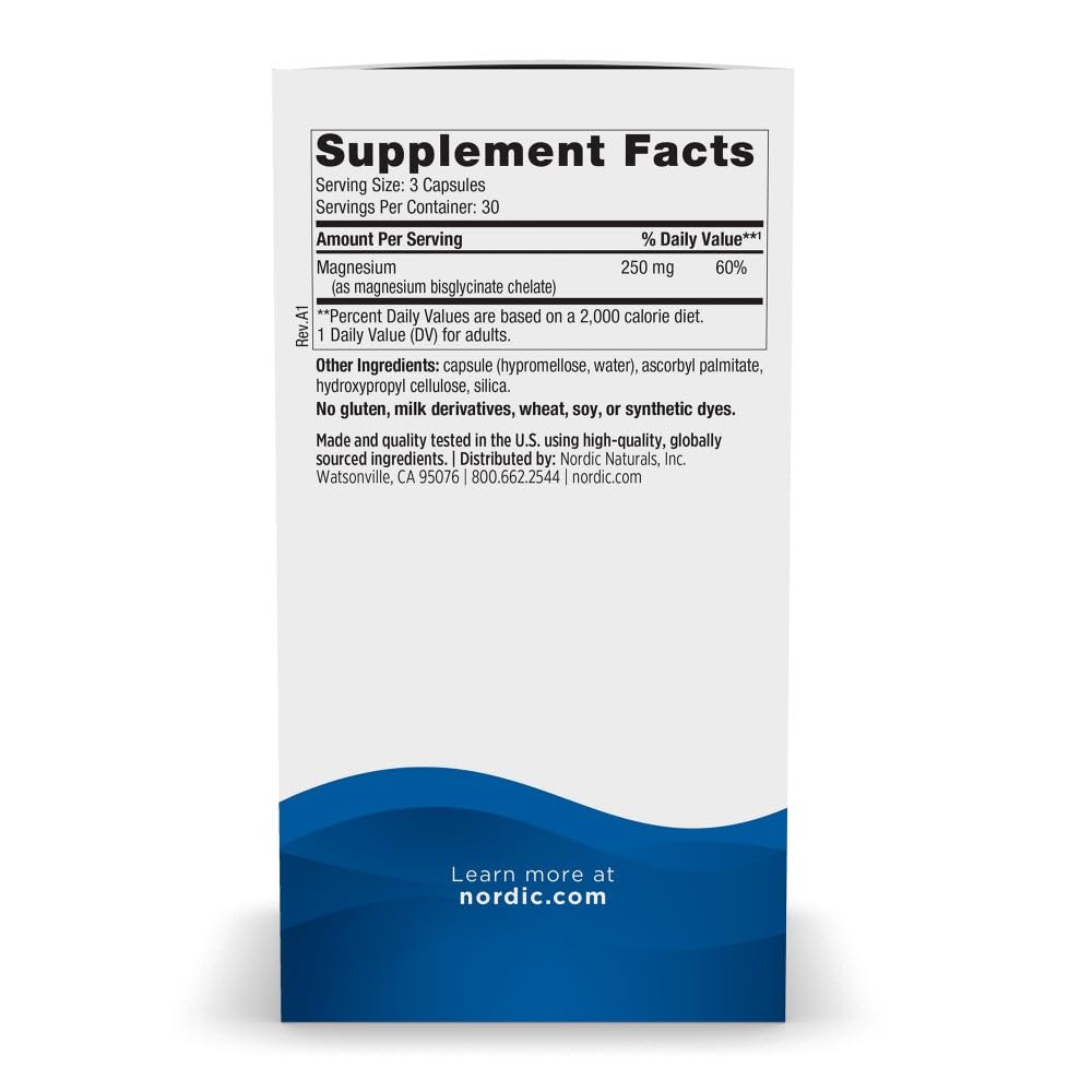 Pre-Order | Arrives in 5–10 Days – Nordic Naturals Vegetarian Magnesium Glycinate Capsules, Unflavored, 90 Count - 250mg Magnesium per Serving - Highly Bioavailable Support for Muscle & Cardiovascular Function - Non-GMO - 30 Servings