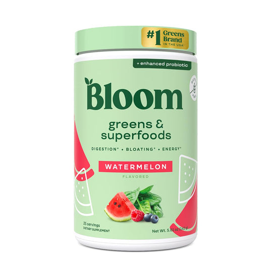 Pre-Order | Arrives in 5–10 Days – 
Bloom Nutrition Superfood Greens Powder, Digestive Enzymes with Probiotics and Prebiotics, Gut Health, Bloating Relief for Women, Chlorella, Green Juice Mix with Beet Root Powder, 25 SVG, Watermelon