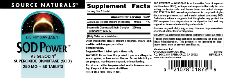 Pre-Order | Arrives in 5–10 Days – Source Naturals SOD Power As Glisodin, Superoxide Dismutase, Dietary Supplement 250mg - 30 Tablets