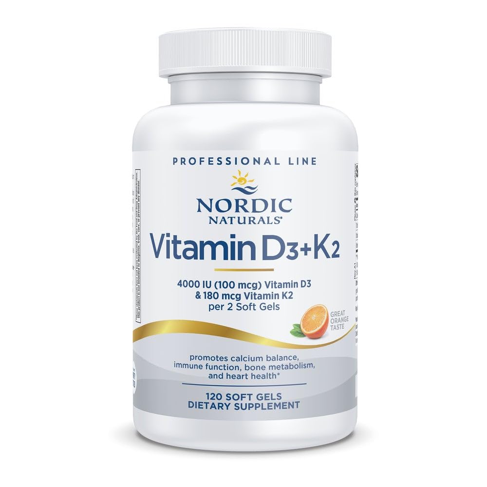 Pre-Order | Arrives in 5–10 Days – Nordic Naturals Professional Grade Vitamin D3+K2 Supplement, Orange Flavor - 60 Soft Gels - 4000 IU Vitamin D3 & 180 mcg K2- Promotes Calcium Balance & Immune Function - Non-GMO - 30 Servings