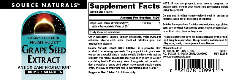 Pre-Order | Arrives in 5–10 Days – Source Naturals Grape Seed Extract, Proanthodyn 100 mg Antioxidant Protection & Supports Healthy Aging Brain - 60 Tablets