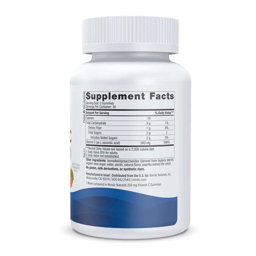 Pre-Order | Arrives in 5–10 Days – Nordic Naturals Vitamin C Extra Strength Gummies - Tangerine Flavor - 60 Gummies - 500 mg Vegan Vitamin C Supplement - Low-Sugar Immune - Support - 30 Servings