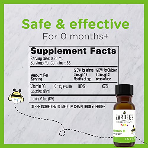 Pre-Order | Arrives in 5–10 Days – Zarbee's Vitamin D Drops for Infants, 400IU (10mcg) Baby & Toddler Liquid Supplement, Newborn & Up, Dropper Syringe Included, 0.47 Fl Oz