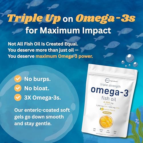Pre-Order | Arrives in 5–10 Days – Triple Strength Omega 3 Fish Oil Supplements 4200mg Per Serving, 240 Softgels – Lemon Flavored – Burpless (Enteric-Coated) | EPA 1200mg + DHA 900mg | Deep Sea Fish, Wild Caught from Norwegian Waters