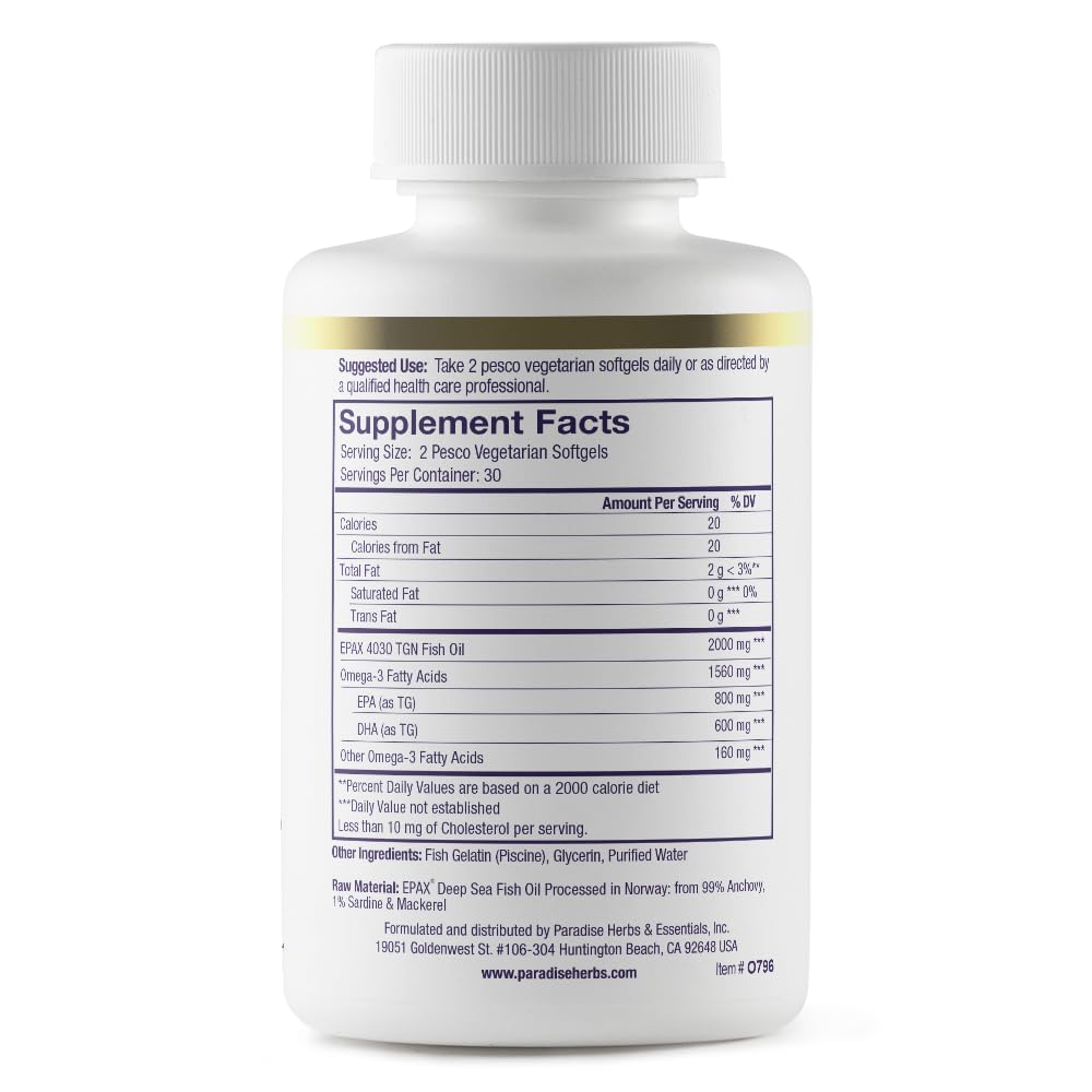 Pre-Order | Arrives in 5–10 Days – Paradise Herbs Omega-Sure, Omega-3 Concentrate, Premium Fish Oil, DHA, EPA, Vegan, Non GMO, Gluten Free, 60 Count Vegetarian Softgels