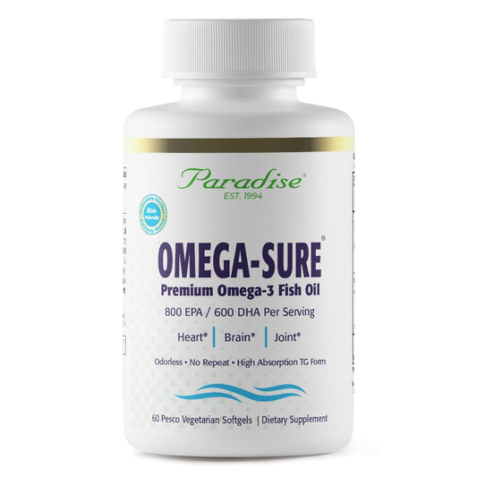 Pre-Order | Arrives in 5–10 Days – Paradise Herbs Omega-Sure, Omega-3 Concentrate, Premium Fish Oil, DHA, EPA, Vegan, Non GMO, Gluten Free, 60 Count Vegetarian Softgels