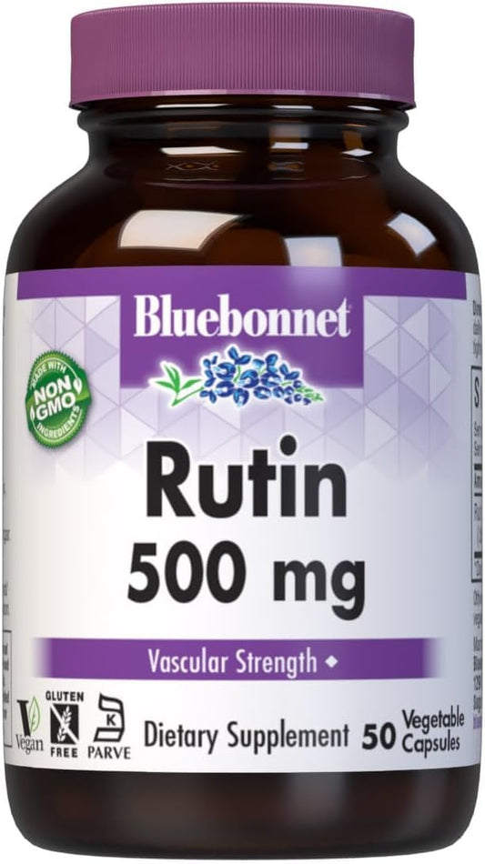 Pre-Order | Arrives in 5–10 Days – Bluebonnet Nutrition Rutin 500mg (Sophora Japonica) Antioxidant Bioflavonoid for Vascular Support* Vegan, Gluten-Free, Soy-Free - Plant-Based Rutin Supplement - 50 Vegetable Capsules