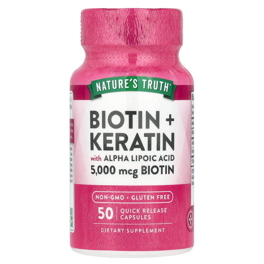 Pre-Order | Arrives in 5–10 Days – Nature's Truth
Biotin + Keratin with Alpha Lipoic Acid, 50 Quick Release Capsules