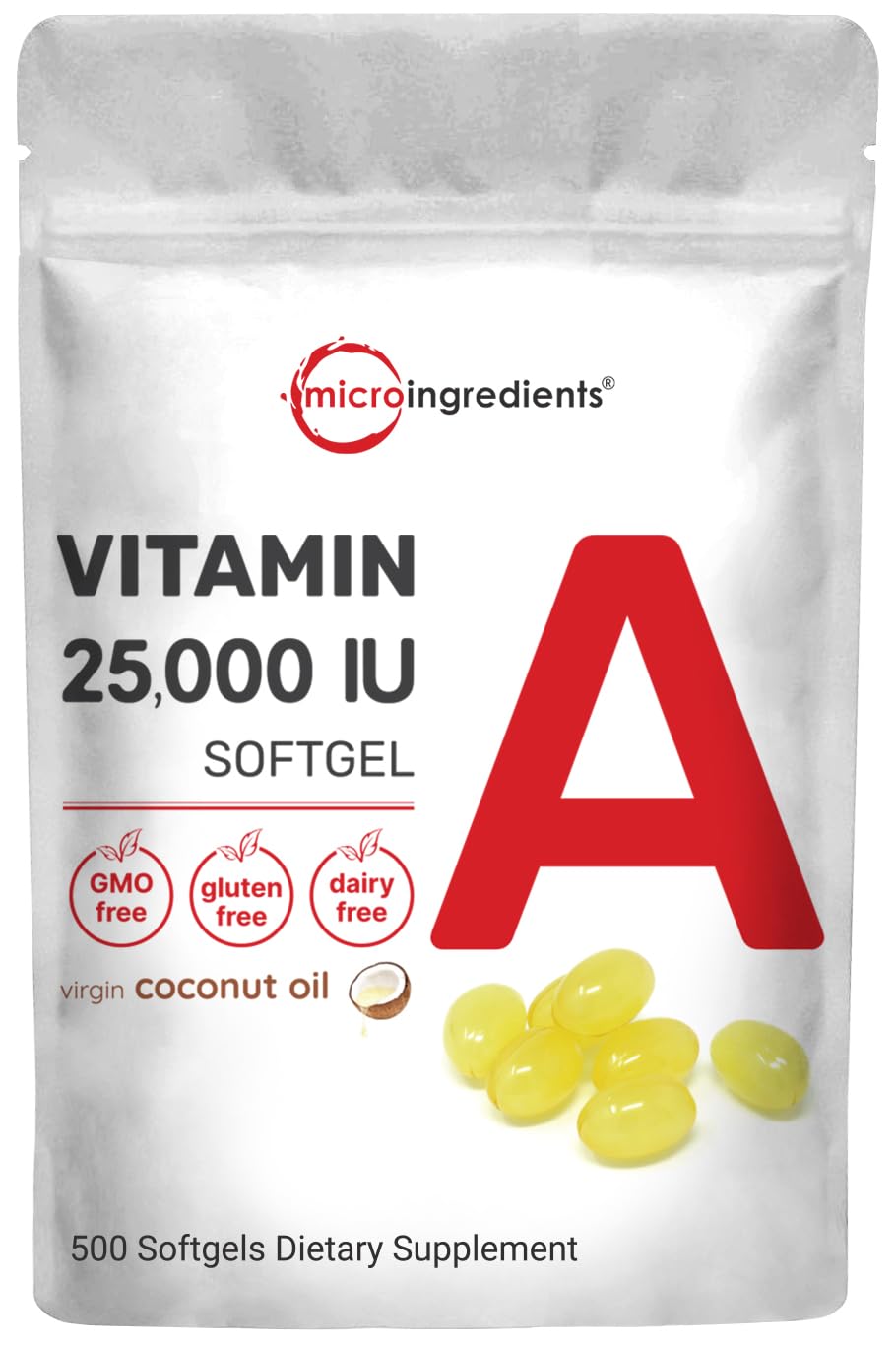 Pre-Order | Arrives in 5–10 Days – Micro Ingredients Maximum Strength Vitamin A 25000 IU | 500 Softgels with Coconut Oil for Better Absorption | Essential Vitamins for Vision, Growth, & Reproduction | Non-GMO, Easy to Swallow