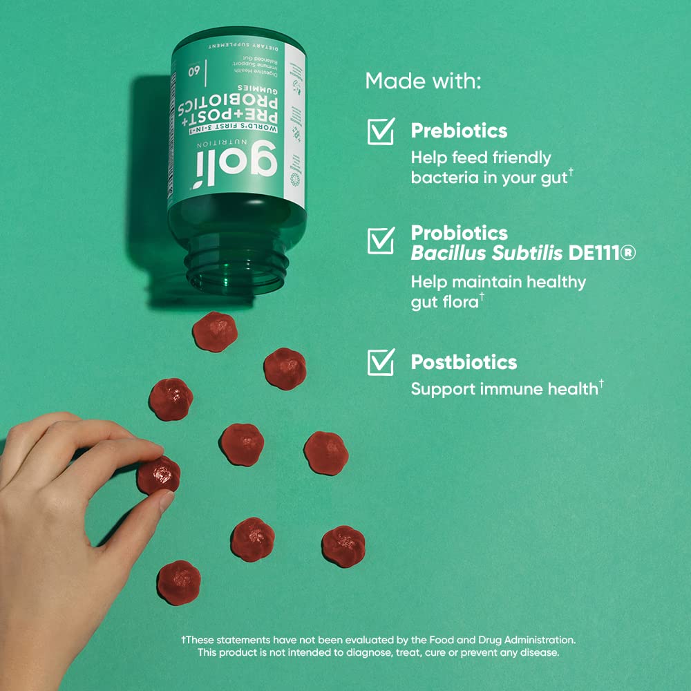 Pre-Order | Arrives in 5–10 Days – Goli Nutritional Supplement, Pre+Post+Probiotics Gummy - 60 Count - World's First 3-in-1 Gluten-Free, Vegan, Non-GMO, and Gelatin-Free.