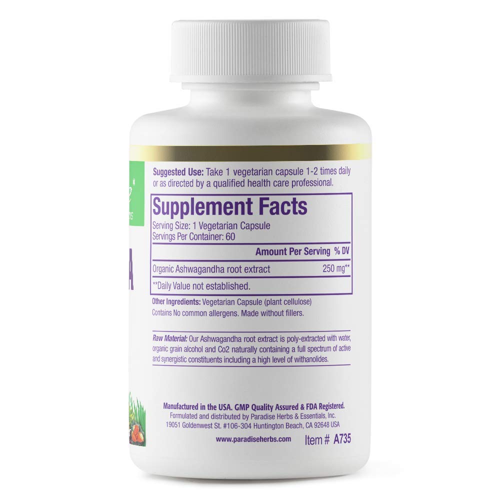 Pre-Order | Arrives in 5–10 Days – Paradise Herbs Organic Ashwagandha, Ayurvedic Adaptogen, Vegan, Non GMO, Gluten Free, 60 Vegetarian Capsules