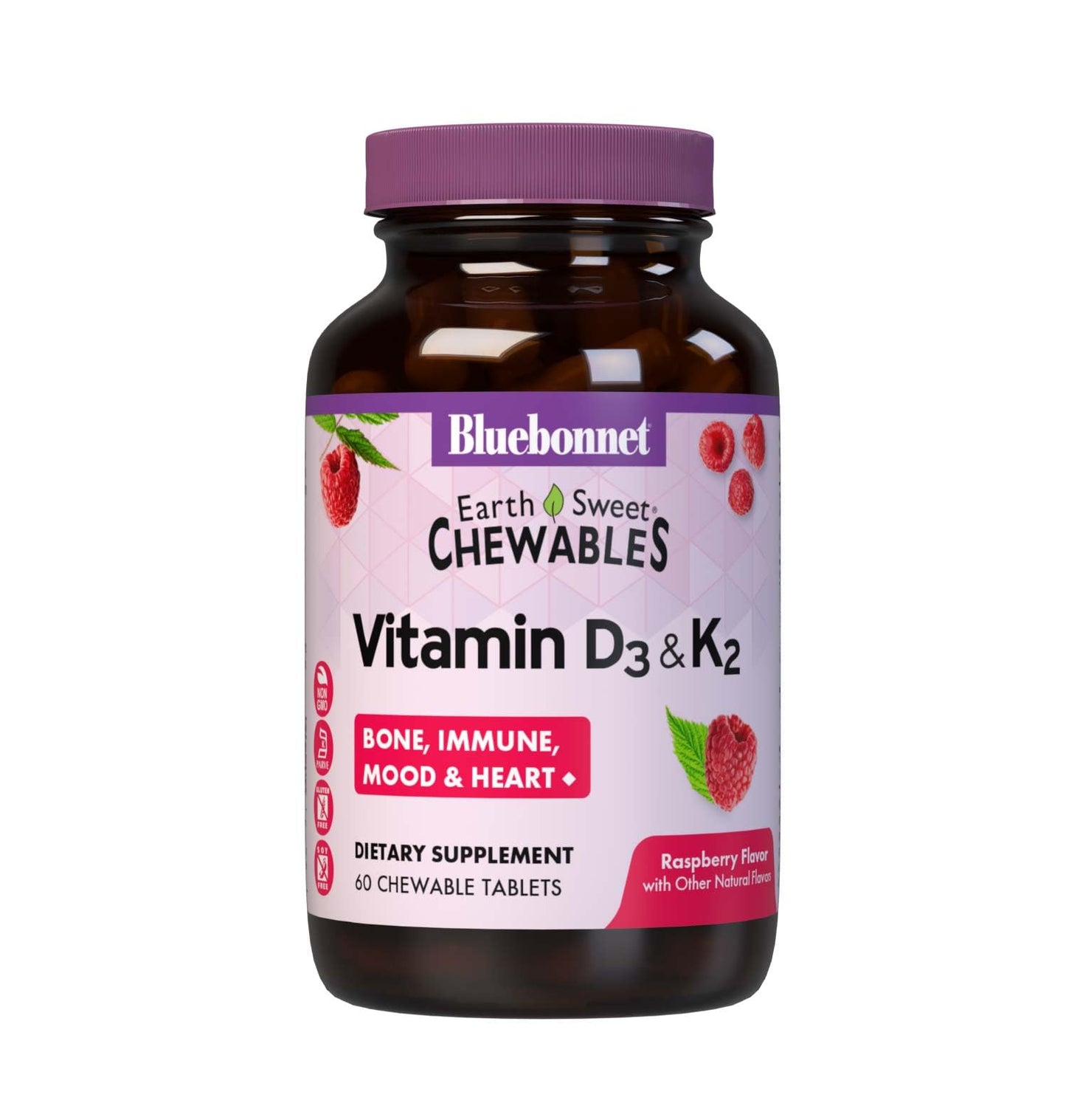 Pre-Order | Arrives in 5–10 Days – Bluebonnet Nutrition Vitamin D3 & K2 EarthSweet Chewable Tablets, for Immune, Mood & Heart Health*, Soy-Free, Gluten-Free, Non-GMO, Kosher Dairy, 60 Raspberry Flavor Chewable Tablets, 60 Servings