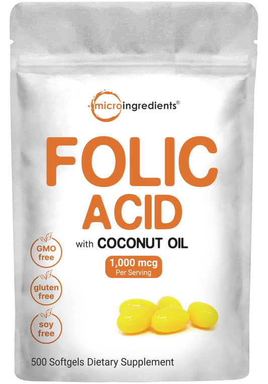 Pre-Order | Arrives in 5–10 Days – Folic Acid 1,000 mcg, 500 Coconut Oil Softgels (1mg) | Essential Prenatal Vitamins (Vitamin B9) | 1,667 mcg DFE | Third Party Tested, No Artificial Colors or Flavors | Non-GMO, Gluten Free