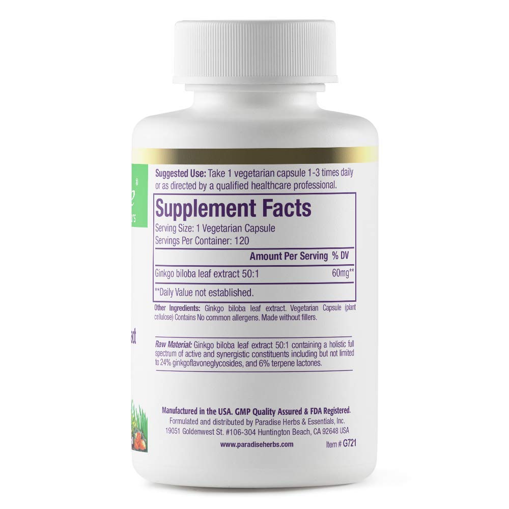 Pre-Order | Arrives in 5–10 Days – Paradise Herbs Ginkgo Biloba Extract, Super Potent, Ultra Pure, Vegan, Non GMO, Gluten Free, 120 Vegetarian Capsules