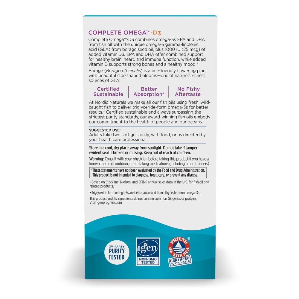 Pre-Order | Arrives in 5–10 Days – Nordic Naturals Complete Omega-D3, Lemon Flavor - 120 Soft Gels - 565 mg Omega-3 + 70 mg GLA + 1000 IU Vitamin D3 - EPA & DHA - Healthy Skin, Cognition, Positive Mood - Non-GMO - 60 Servings